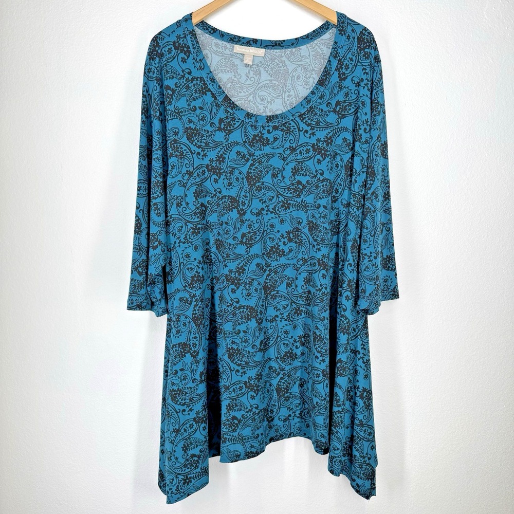Woman Within Plus Womens Size 26 28 2x Blue Paisley Asymmetrical Hem Top Stretch